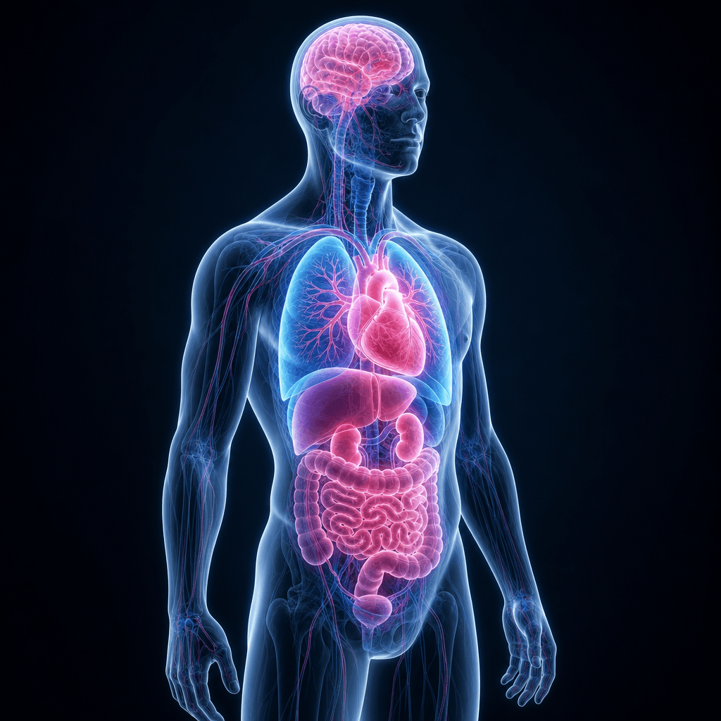 Translucent 3D human body with glowing internal organs