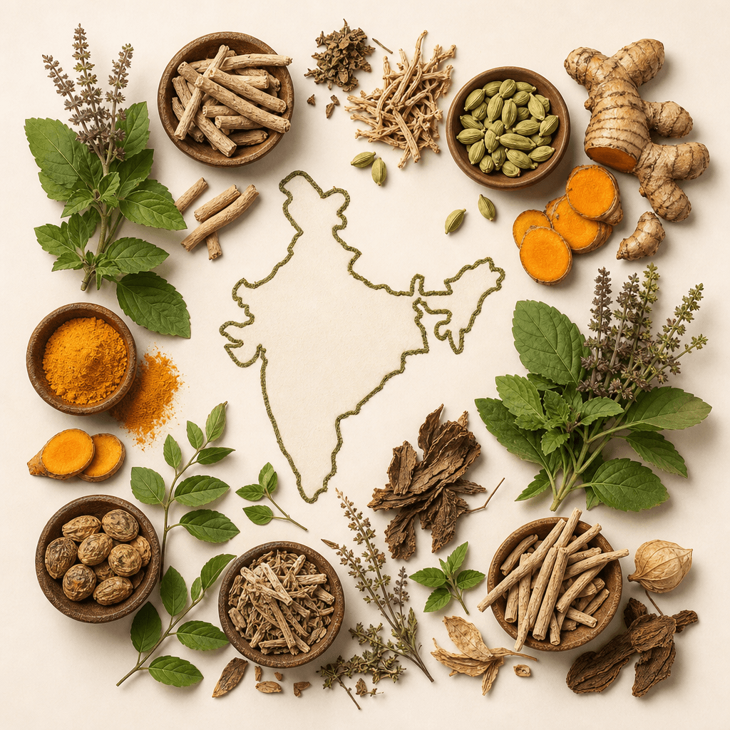 Indian medicinal herbs arranged around a map of India