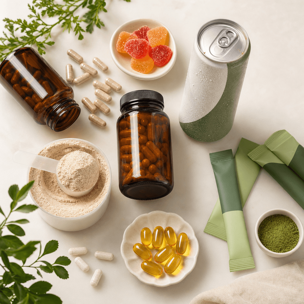 Assorted American dietary supplements and functional nutrition products